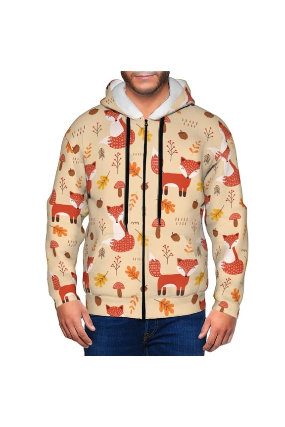 Cute Foxes Print Men Hoodies Casual Hoodies for Men with Zip Pockets Full Zip Long Sleeve Sweatshirt Sports Hooded Jacket-Small