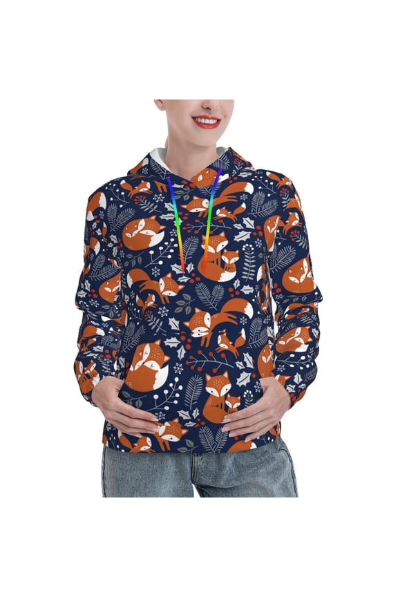 Cute Foxes Print Womens Oversized Hoodies Sweatshirts Hooded Pullover Tops Sweaters Casual-X-Large