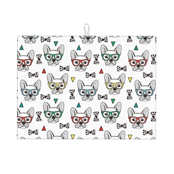Kdxio Cute French Bulldog for Dish Drying Mat,24*18 inch Absorbent Dish Drainer Kitchen Counter,Large Size Dish Drying Pad for Countertops,Draining Racks