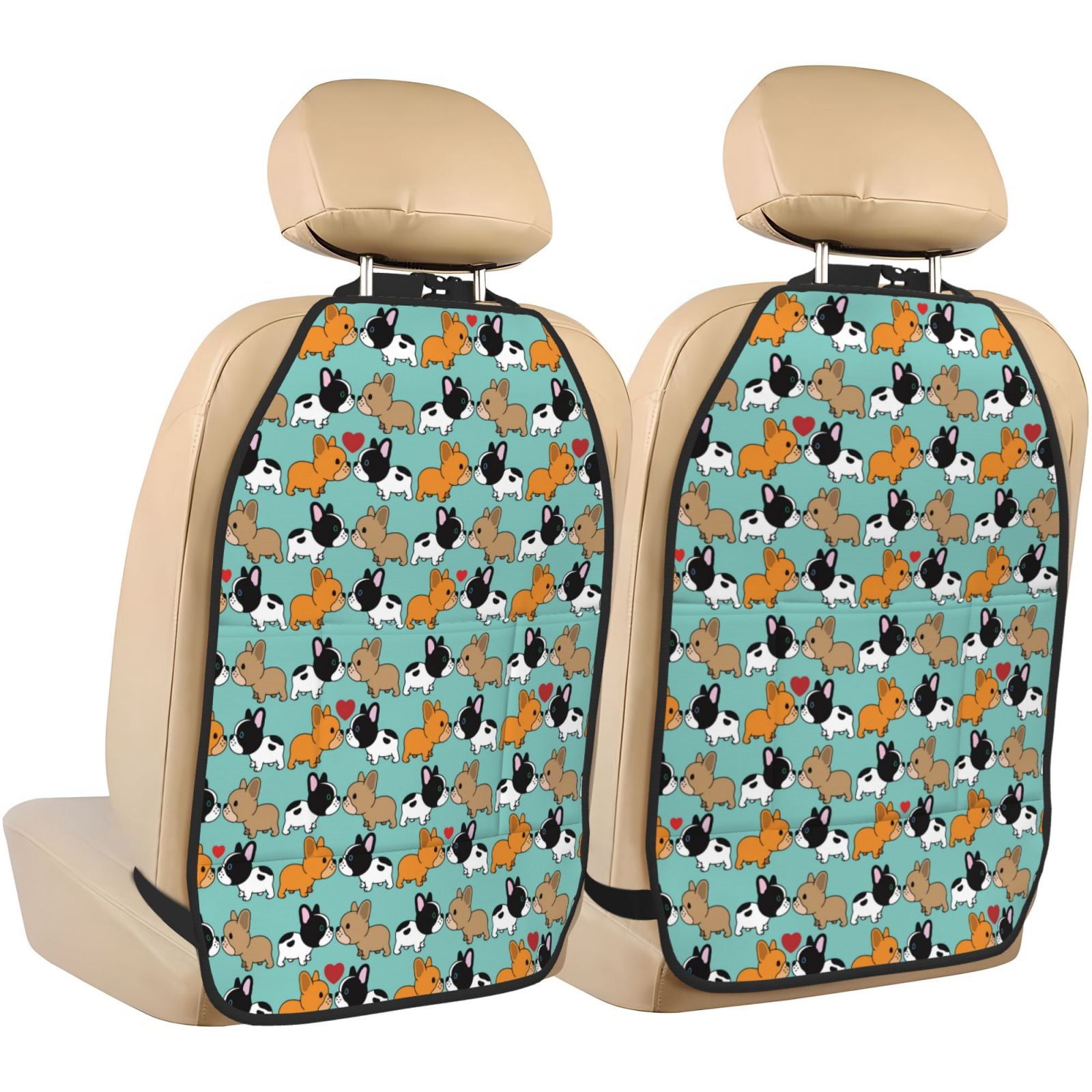 Kdxio Cute French Bulldog Print 2 Pack Car Kick Mat Seat Cover Back Protector Mat with Pockets for Organizer Backseat Protector and Storage Anti Kick Pad for Vehicles