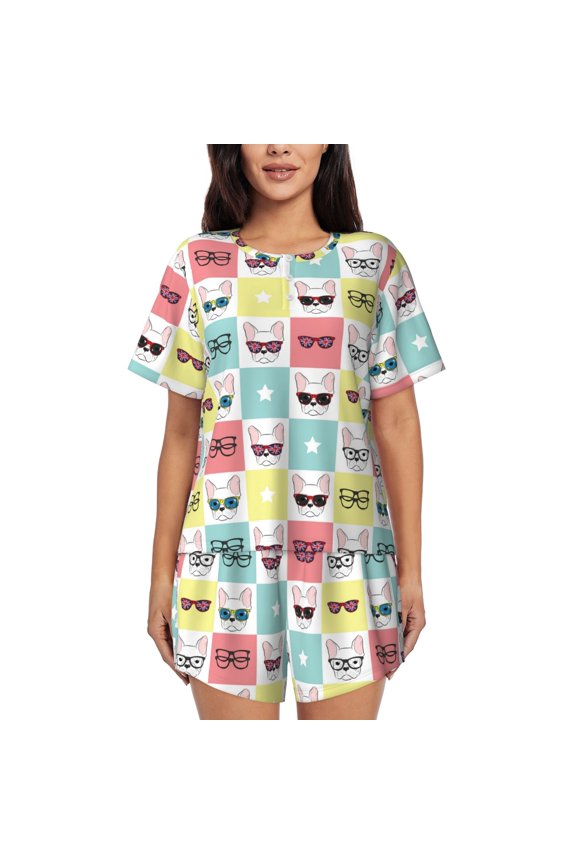 Cute French Bulldog Print Pajamas Sets for Women Short-Sleeved Pjs with Lounge Shorts Two Piece Sleepwear S-4XL