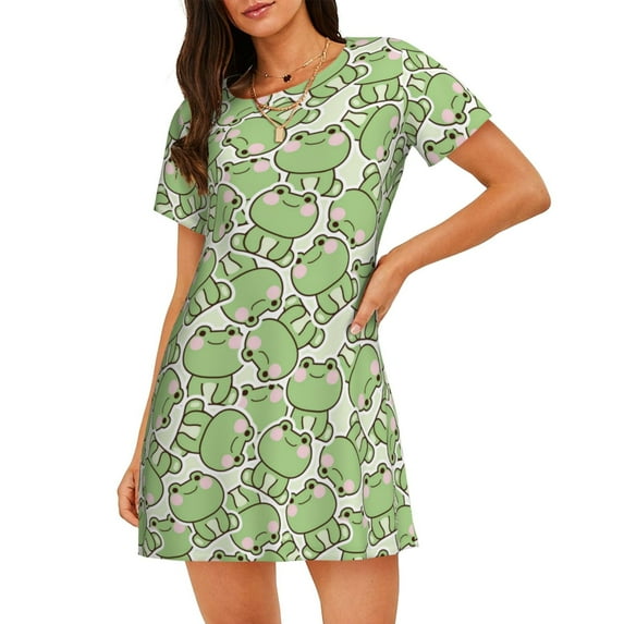 Kdxio Cute Frog Pattern Womens Short Sleeve Sleepshirt Scoopneck Cute Nightdress Ruffle Comfy Nightgown