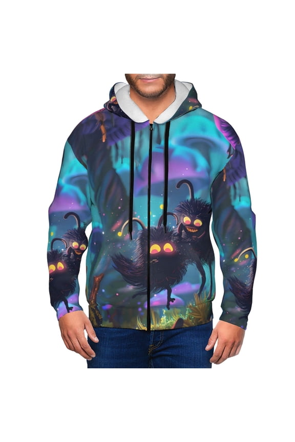 Cute Fuzzy Fantasy Creatures Print Men Hoodies Casual Hoodies for Men with Zip Pockets Full Zip Long Sleeve Sweatshirt Sports Hooded Jacket-Medium
