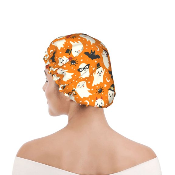 Kdxio Cute Ghosts Print Shower Cap for Women,Elastic and Reusable,Double Waterproof Layers Bathing Hat