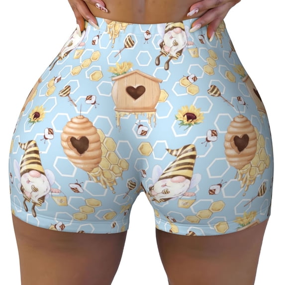Kdxio Cute Gnome Bee Collects Honey Print Workout Shorts for Women Seamless Soft Smooth Gym Yoga Scrunch Active Shorts