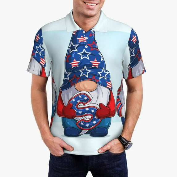 Kdxio Cute Gnomes in USA1 Print Men's Short Sleeve Polo Shirt,Midweight Men's Shirt