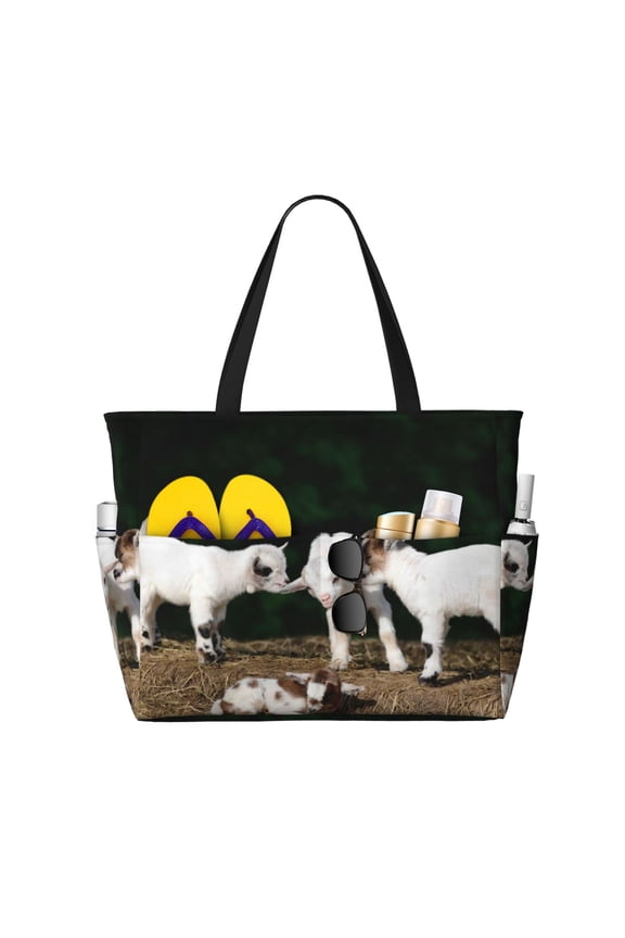 Cute Goat Baby for Beach Bag for Women Large Beach Tote Bag Waterproof Sandproof Swim Bag with Zipper Pockets Beach Vacation Travel