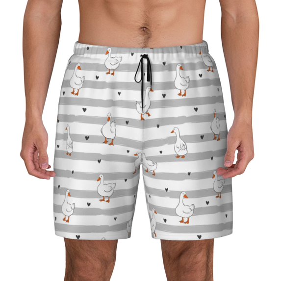 Kdxio Cute Goose Print Men's Swim Trunks with Compression Liner 7 Inch Inseam Quick Dry Swim Shorts