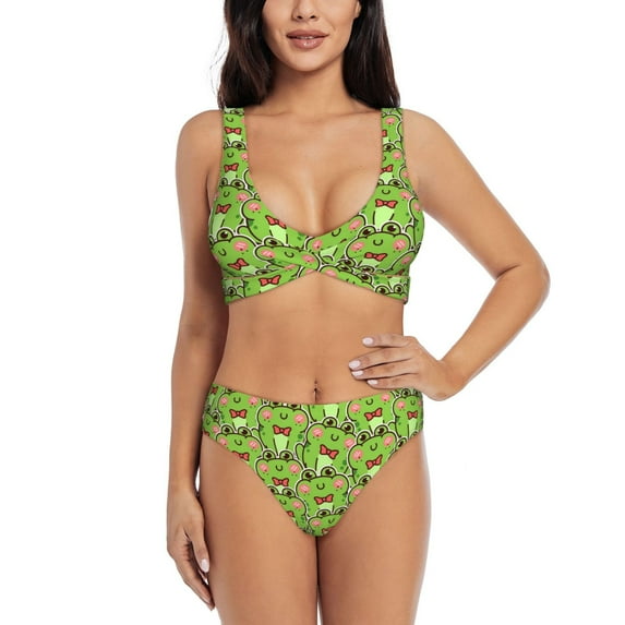 Kdxio Cute Green Frog Print Women's 2 Piece High Waisted Wrap Spaghetti Strap Summer Swimsuit Bikini Set-