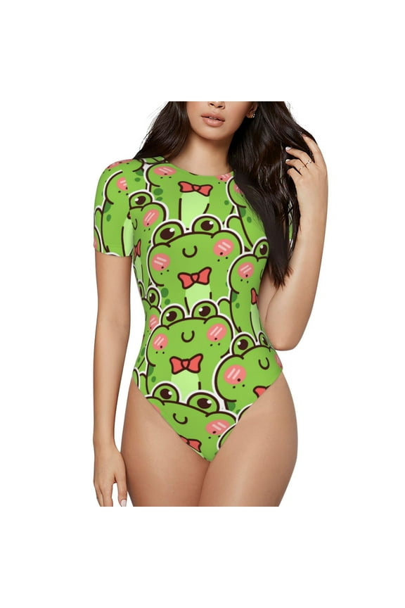 Cute Green Frog for Women's Short-Sleeved Onesie Stylish Round Neck Pajamas Bodysuit Jumpsuit Nightwear-Medium
