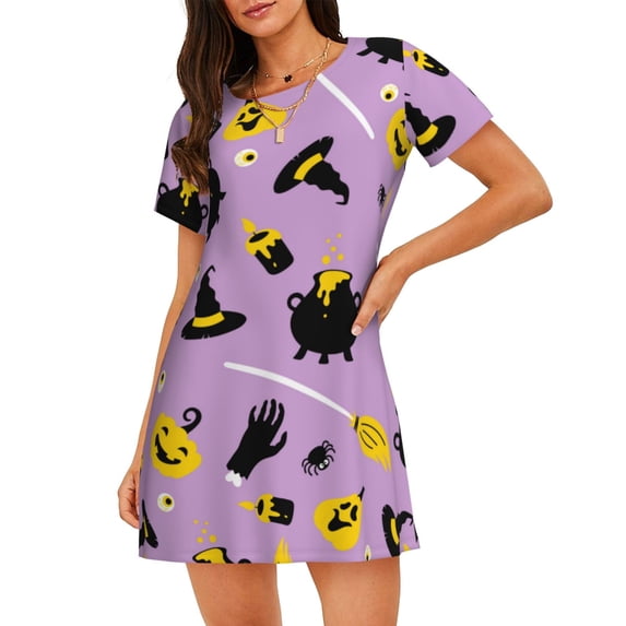 Kdxio Cute Halloween Pattern Womens Short Sleeve Sleepshirt Scoopneck Cute Nightdress Ruffle Comfy Nightgown