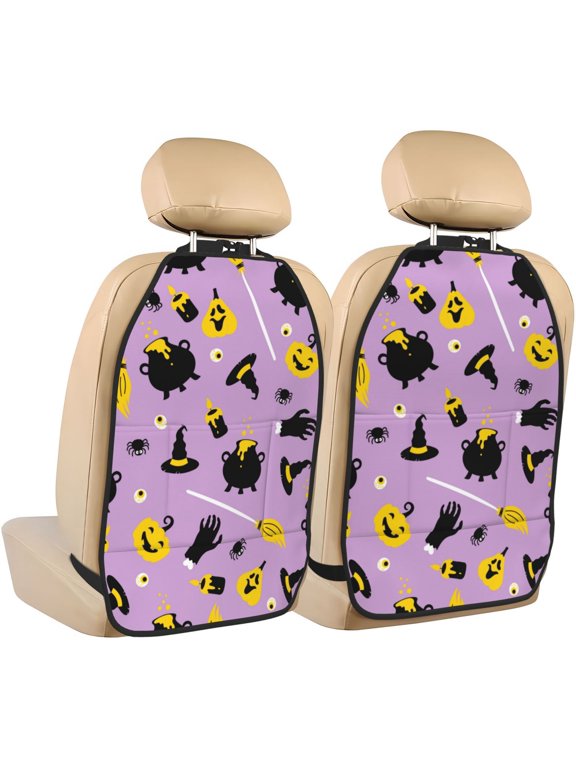 Cute Halloween Print 2 Pack Car Kick Mat Seat Cover Back Protector Mat with Pockets for Organizer Backseat Protector and Storage Anti Kick Pad for Vehicles