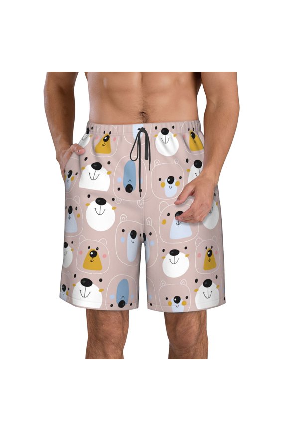 Cute Hand Drawn Bear Pattern Mens Casual Shorts - Drawstring Summer Beach Sports Shorts for Men