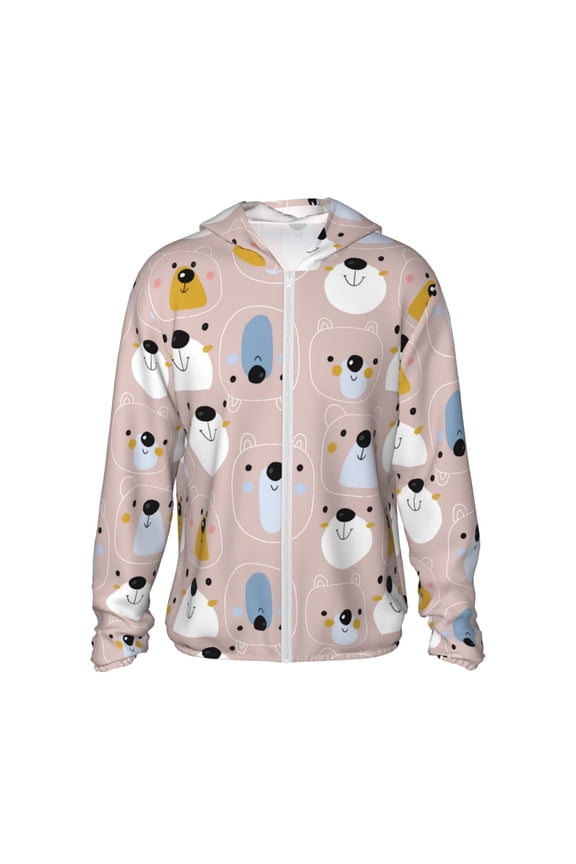 Cute Hand Drawn Bear Print Women Men Sun Protection UPF 50+ Jackets Zip Up Long Sleeve Hoodie Hiking Lightweight with Pockets