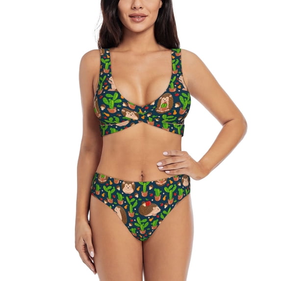 Kdxio Cute Hedgehogs Cactus Blue Print Women's 2 Piece High Waisted Wrap Spaghetti Strap Summer Swimsuit Bikini Set-