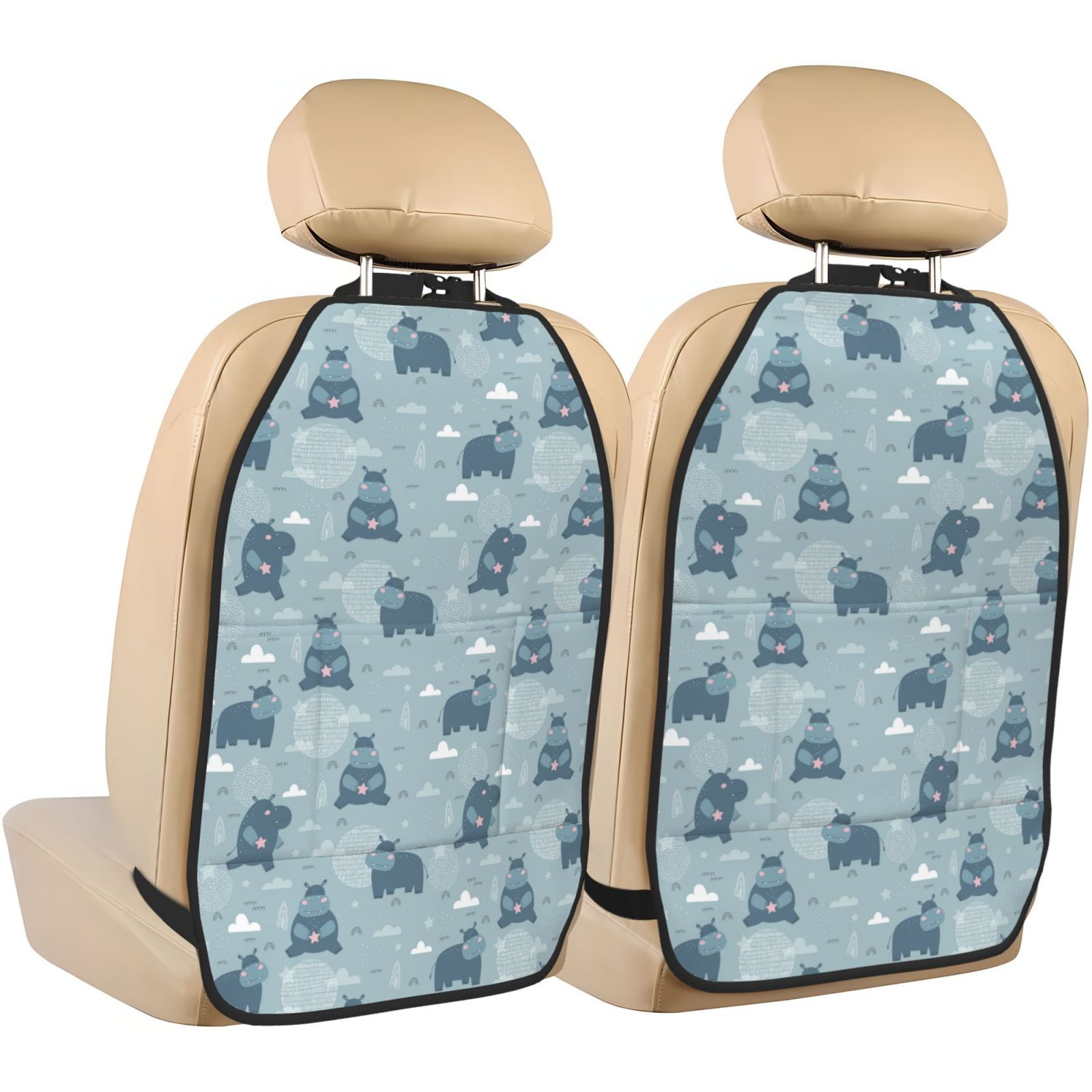 Kdxio Cute Hippopotamus Print 2 Pack Car Kick Mat Seat Cover Back Protector Mat with Pockets for Organizer Backseat Protector and Storage Anti Kick Pad for Vehicles