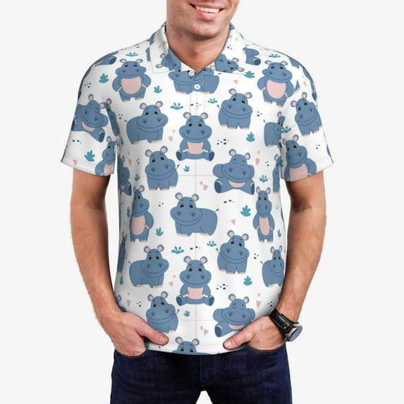 Kdxio Cute Hippos Print Men's Short Sleeve Polo Shirt,Midweight Men's Shirt-Large