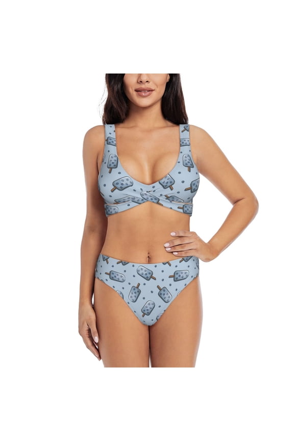 Cute Ice Cream Print Women's 2 Piece High Waisted Wrap Spaghetti Strap Summer Swimsuit Bikini Set-Small