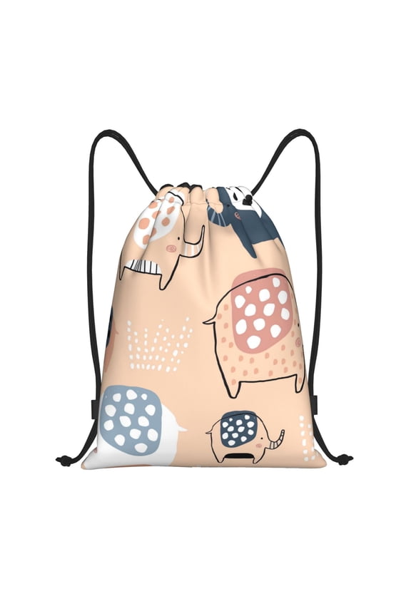 Cute Ink Drawn Elephants Print Drawstring Backpack Bag,Waterproof Draw String Back Sack, Gym Drawstring Bags Swim Bag For Unisex