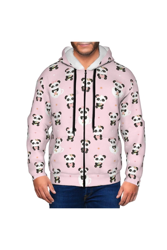 Cute Kawaii Panda Print Men Hoodies Casual Hoodies for Men with Zip Pockets Full Zip Long Sleeve Sweatshirt Sports Hooded Jacket-Large