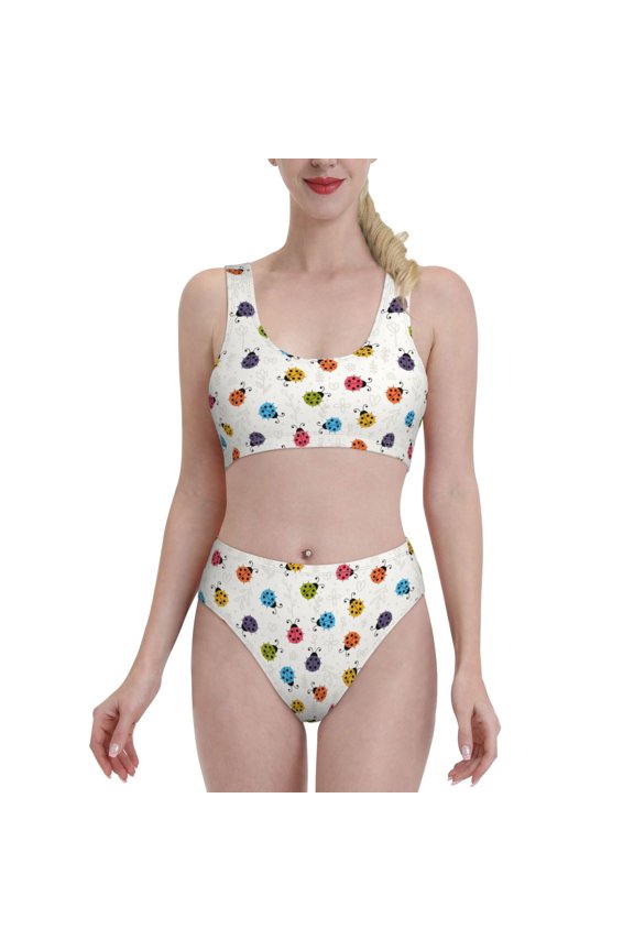 Cute Ladybugs for Womens High Waisted Bikini Top Sports Style Two Piece Bathing Suits