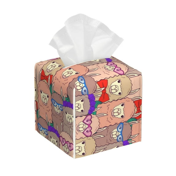 Kdxio Cute Lamas Print Tissue Box Cover,Square Decorative PU Leather Facial Paper Case Organizer Holder Dispenser for Bathroom,Night Stands,Desk,Car 5.2''X5.2''X5.2''