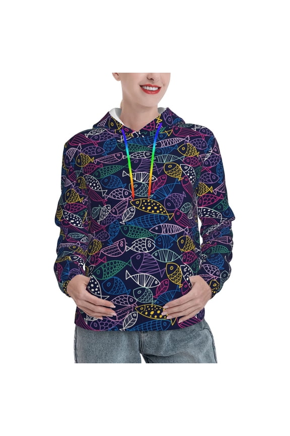 Cute Line Fish Print Womens Oversized Hoodies Sweatshirts Hooded Pullover Tops Sweaters Casual-Medium
