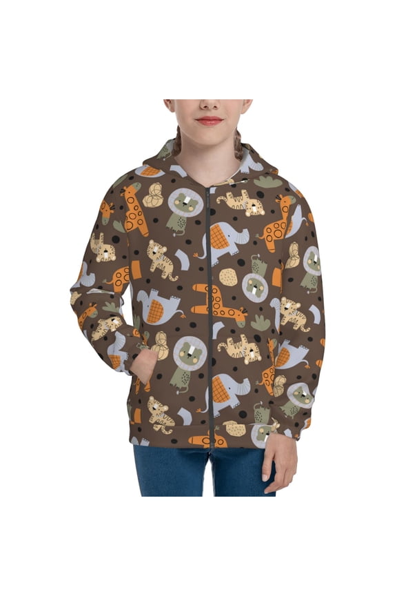 Cute Lion Tiger Pattern Kids Boys Girls Zip Up Hoodie 3D Printed Hooded Sweatshirt Hoody Coat with Pocket 7-12 Y-Small