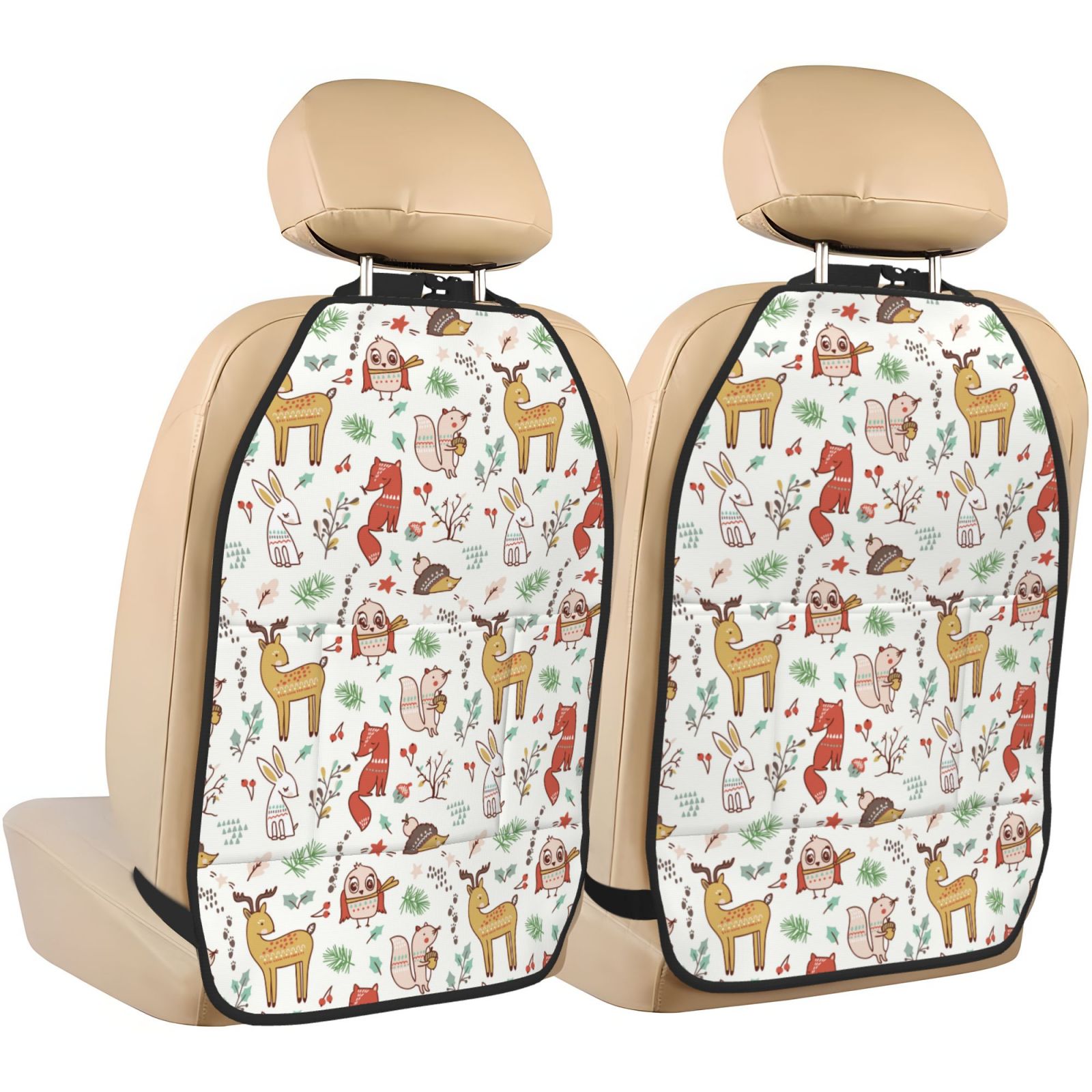Kdxio Cute Little Animals Print 2 Pack Car Kick Mat Seat Cover Back Protector Mat with Pockets for Organizer Backseat Protector and Storage Anti Kick Pad for Vehicles