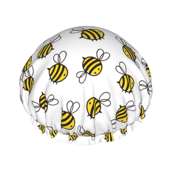 Kdxio Cute Little Bee Print Shower Cap for Women,Elastic and Reusable,Double Waterproof Layers Bathing Hat