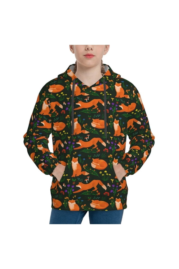 Cute Little Foxes Pattern Boys Athletic Unisex Boys Girls Hoodie with Pocket Sweatshirts-Large