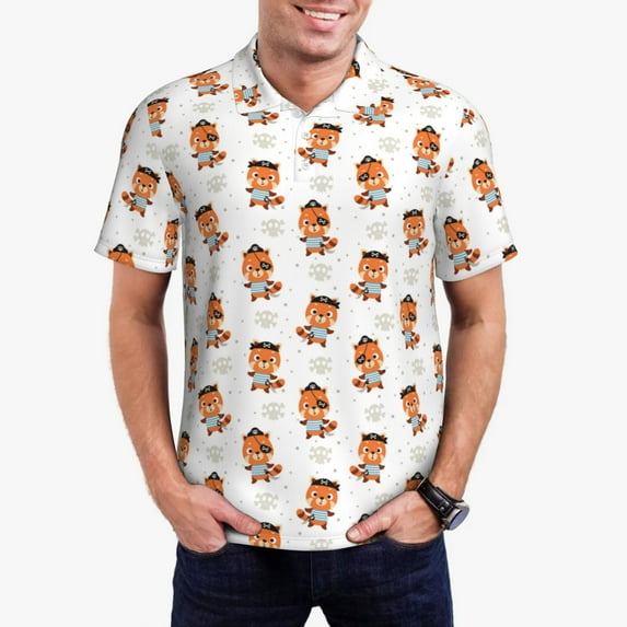 Kdxio Cute Little Pirate Red Panda Print Men's Short Sleeve Polo Shirt,Midweight Men's Shirt-Medium