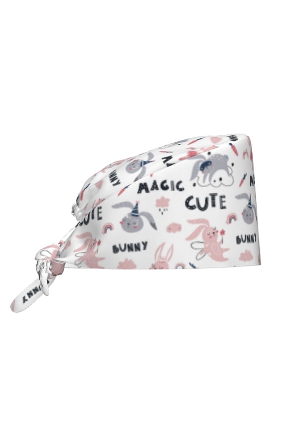 Cute Magic Bunny Pattern Turban Hat for Women Men Comfortable Adjustable Cleaning Working Cap with Sweatband
