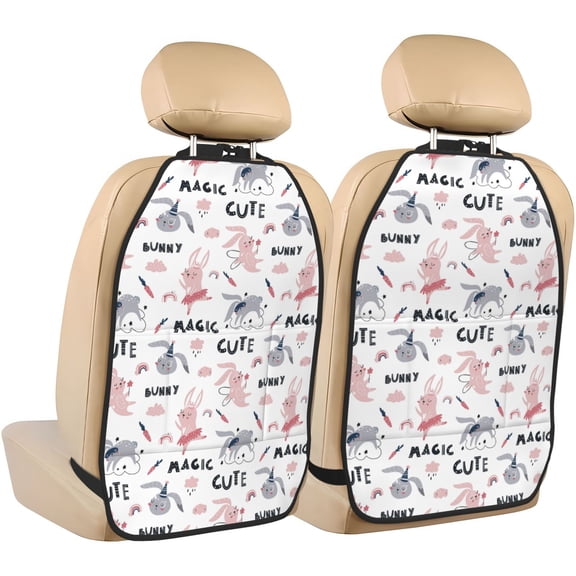 Kdxio Cute Magic Bunny Print 2 Pack Car Kick Mat Seat Cover Back Protector Mat with Pockets for Organizer Backseat Protector and Storage Anti Kick Pad for Vehicles