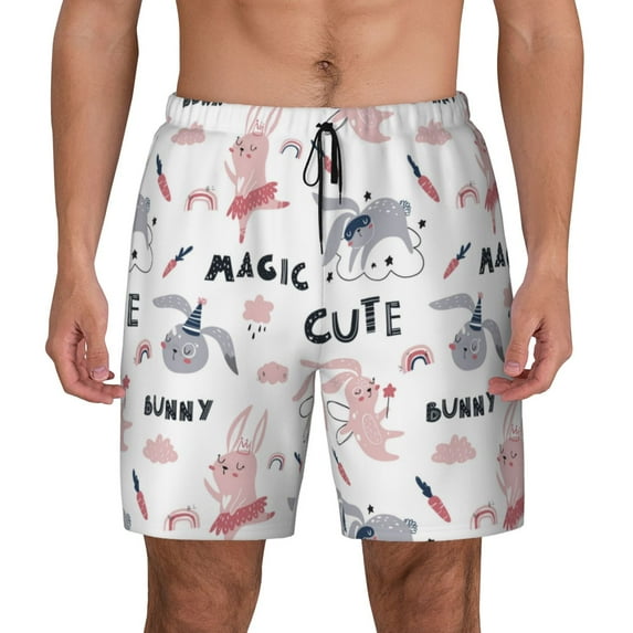 Kdxio Cute Magic Bunny Print Men's Swim Trunks with Compression Liner 7 Inch Inseam Quick Dry Swim Shorts