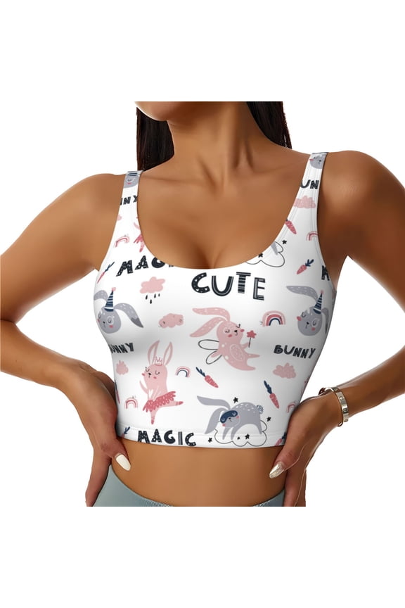Cute Magic Bunny Print Workout Crop Tank Top for Women Racerback Yoga Tank Tops Athletic Sports Shirts Exercise Undershirts