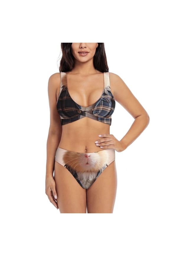 Cute Mouse In Glasses Print Women's 2 Piece High Waisted Wrap Spaghetti Strap Summer Swimsuit Bikini Set-X-Large