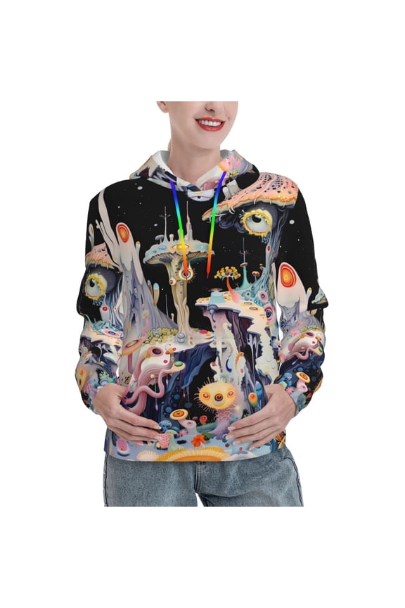 Cute Mushroom Landscape Print Womens Oversized Hoodies Sweatshirts Hooded Pullover Tops Sweaters Casual-Medium