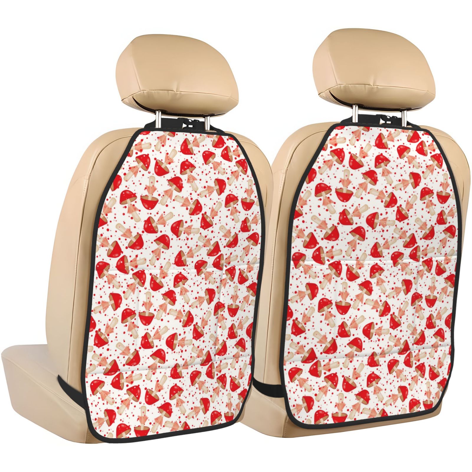 Kdxio Cute Mushroom Print 2 Pack Car Kick Mat Seat Cover Back Protector Mat with Pockets for Organizer Backseat Protector and Storage Anti Kick Pad for Vehicles