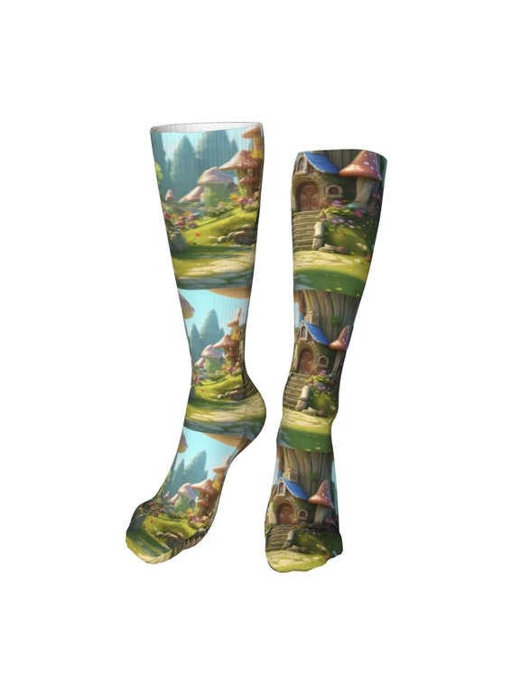 Cute Mushroom Town A Funny Silky Novelty Funky Long Knee High Socks Soft 3D Print Cosplay Crazy Stockings for Men Women