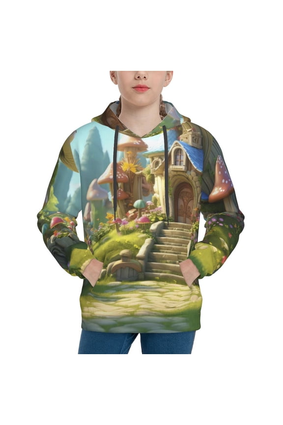 Cute Mushroom Town A Pattern Boys Athletic Unisex Boys Girls Hoodie with Pocket Sweatshirts-Medium
