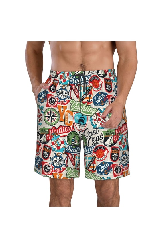 Cute Nautical Pattern Mens Casual Shorts - Drawstring Summer Beach Sports Shorts for Men