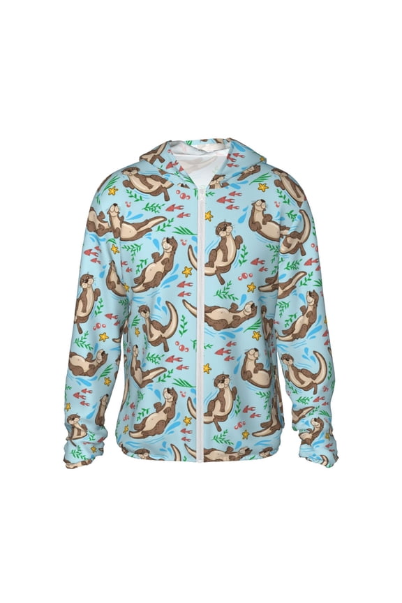 Cute Otters Print Women Men Sun Protection UPF 50+ Jackets Zip Up Long Sleeve Hoodie Hiking Lightweight with Pockets