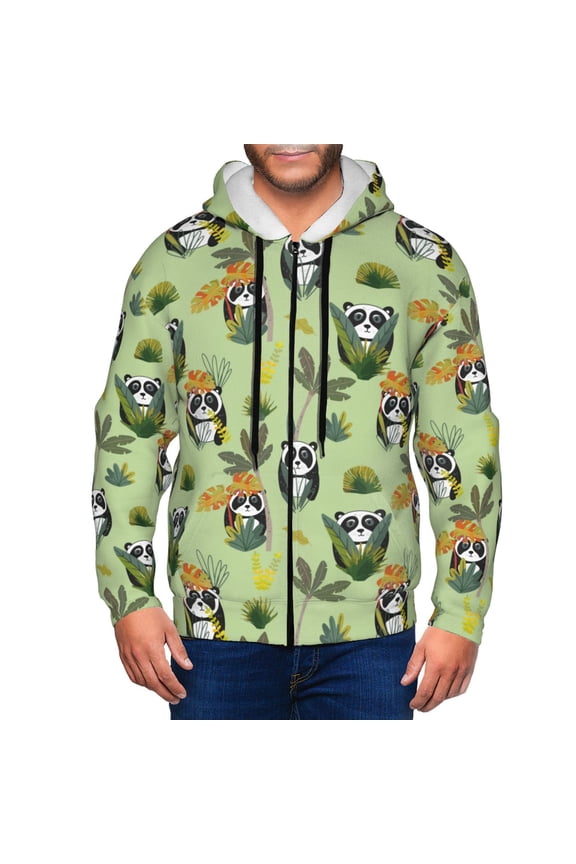 Cute Panda Bear In Greenery Forest Print Men Hoodies Casual Hoodies for Men with Zip Pockets Full Zip Long Sleeve Sweatshirt Sports Hooded Jacket-Large