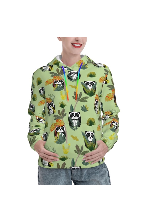 Cute Panda Bear In Greenery Forest Print Womens Oversized Hoodies Sweatshirts Hooded Pullover Tops Sweaters Casual-Large