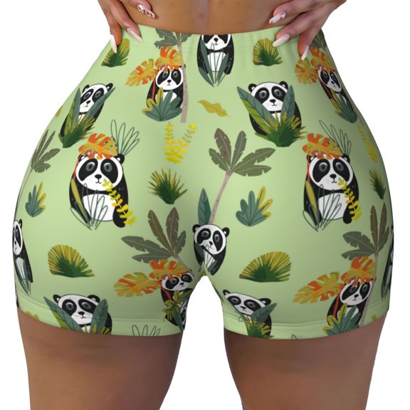 Kdxio Cute Panda Bear In Greenery Forest Print Workout Shorts for Women Seamless Soft Smooth Gym Yoga Scrunch Active Shorts