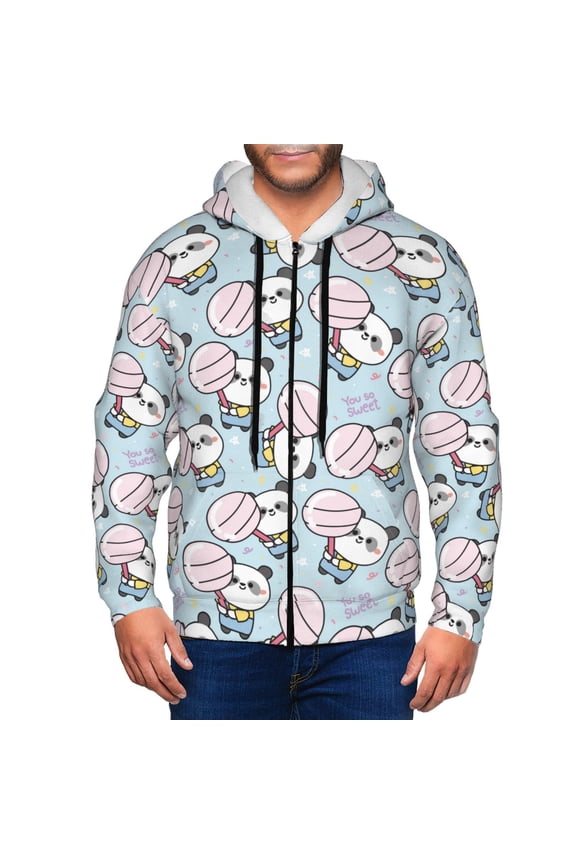 Cute Panda Bear Print Men Hoodies Casual Hoodies for Men with Zip Pockets Full Zip Long Sleeve Sweatshirt Sports Hooded Jacket-Small
