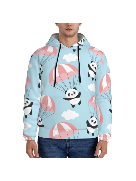 Cute Panda Flying in the Sky Print Mens Casual Hooded Collar Drawstring Hoodies Pullover Sweatshirts Casual Long Sleeve Shirts-4X-Large