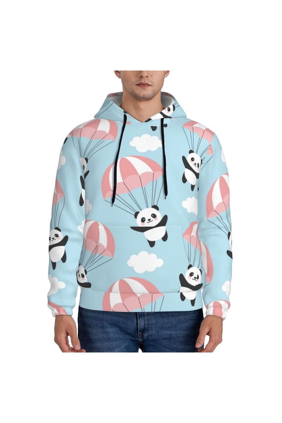 Cute Panda Flying in the Sky Print Mens Casual Hooded Collar Drawstring Hoodies Pullover Sweatshirts Casual Long Sleeve Shirts-Large