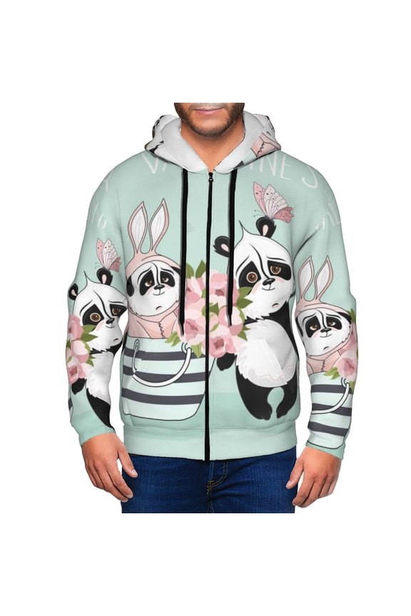 Cute Panda Print Men Hoodies Casual Hoodies for Men with Zip Pockets Full Zip Long Sleeve Sweatshirt Sports Hooded Jacket-Medium